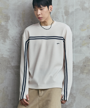 90s 레트로 트랙 와플 긴팔 티셔츠 - 크림