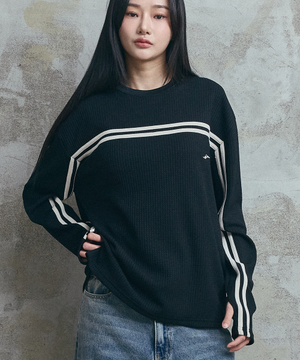 90s 레트로 트랙 와플 긴팔 티셔츠 - 블랙