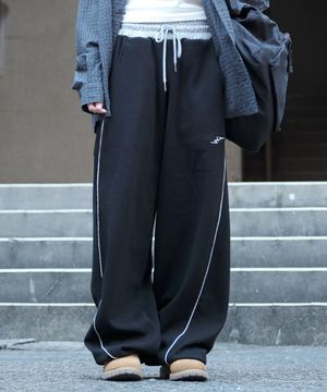 와이드 배기 파이핑 팬츠 - 블랙