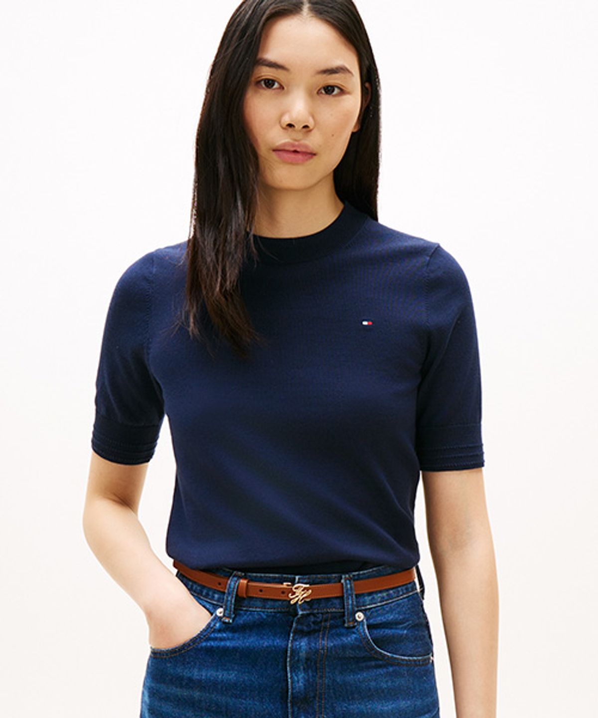 타미힐피거(TOMMY HILFIGER) 코튼 저지 반팔 스웨터 (T22G1KTO065WT2C1G)