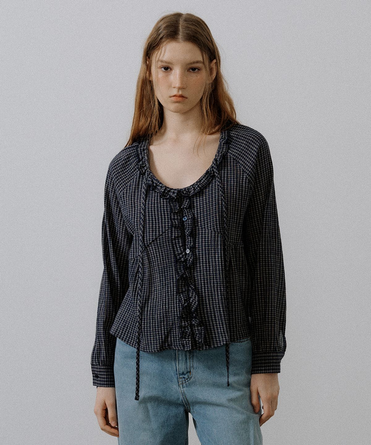 프리버07(FRIVER07) Check frill tie blouse [FRSP05BL05]_Navy