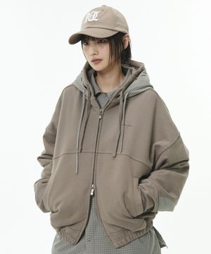 DEV:10 CHECK DOUBLE HOODIE ZIP-UP_PALE BROWN