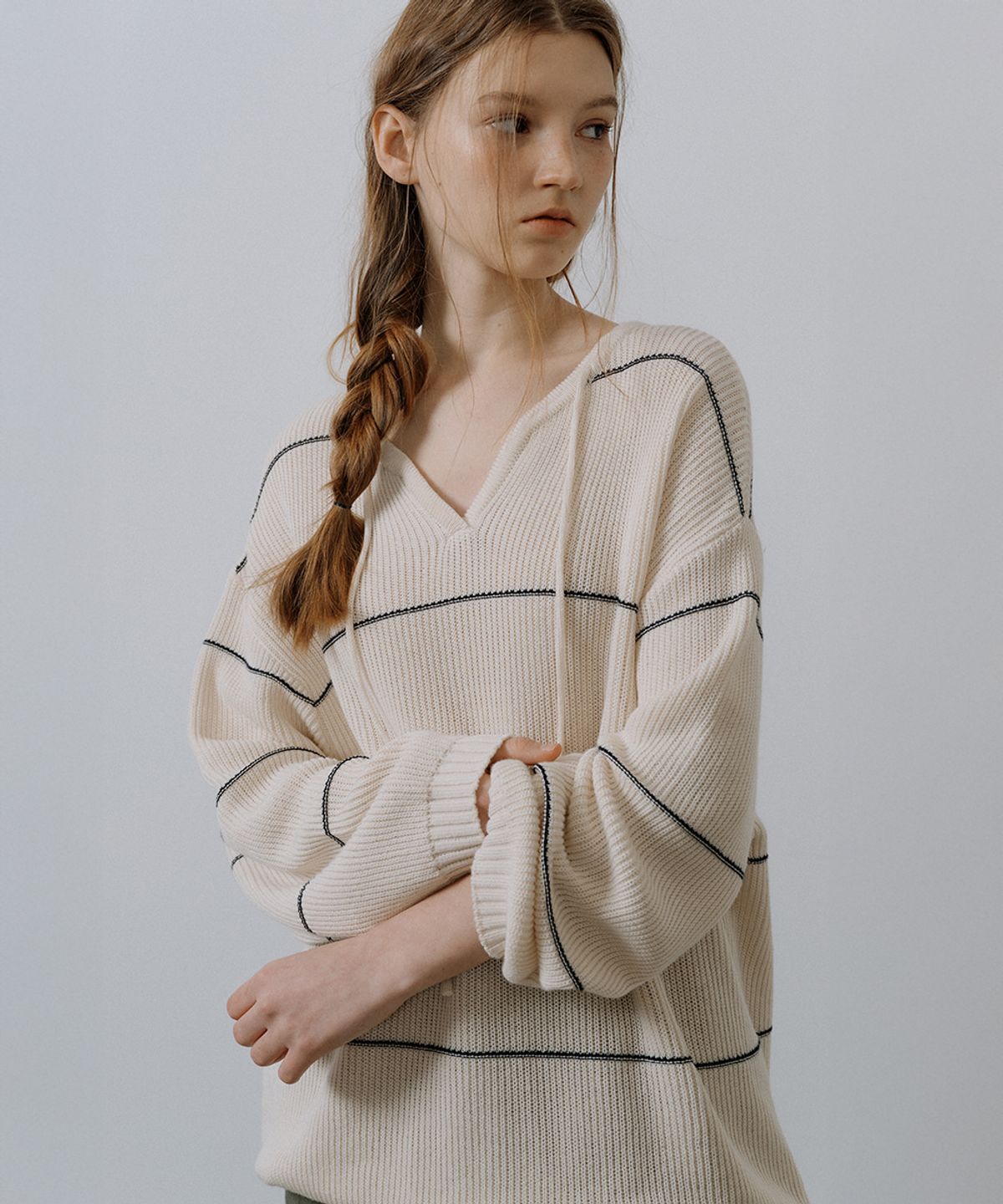 프리버07(FRIVER07) Overfit stripe v-neck knit [FRSP05NT03]_Cream