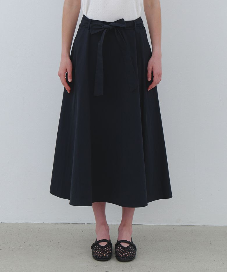 Wide tie flare long skirt - navy