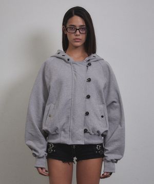 Eyelet Button Two-Way Hood Zip-Up (GRAY)