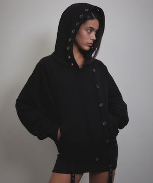 Eyelet Button Two-Way Hood Zip-Up (BLACK)