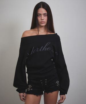 Lettering Off Shoulder Sweatshirt (BLACK)
