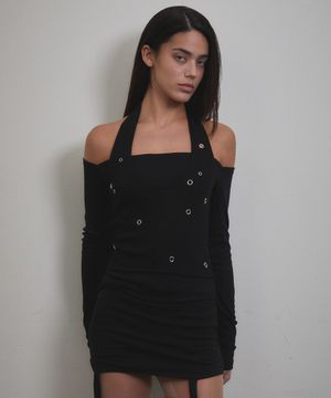 Eyelet Halter Long Sleeve (BLACK)