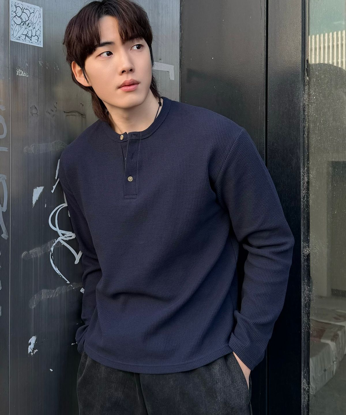 엘엑스티(LXT) 와플 헨리넥 크롭 티셔츠 [네이비]
