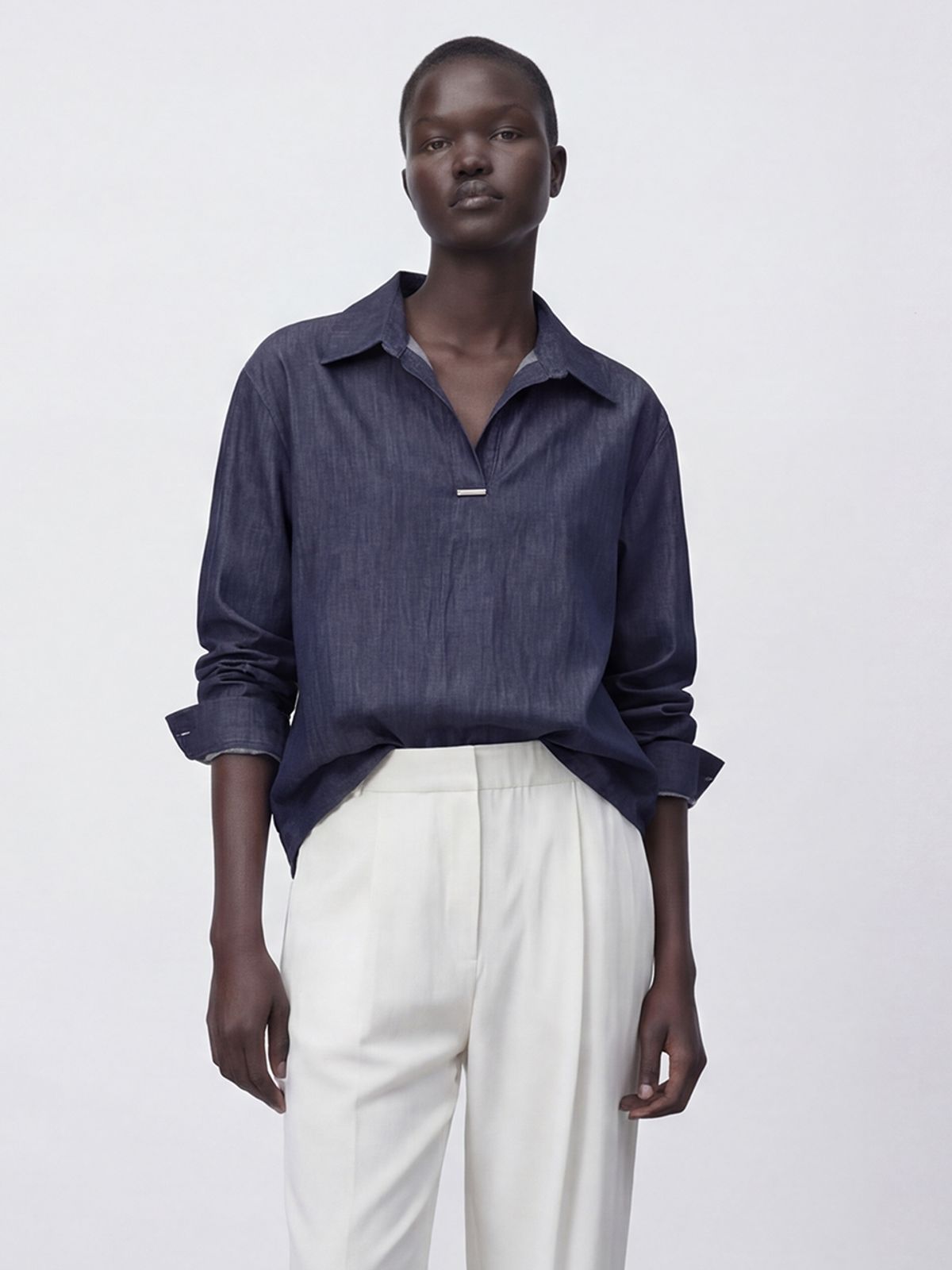 아쿠드(ACUD) Glossy Shirt Blouse _Denim