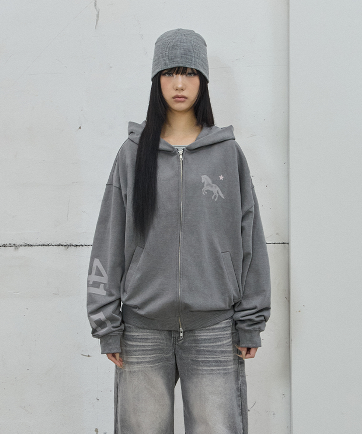 사일프레이(41PRAY) Midnight Horse Zip-up Hoodie / Pig Grey