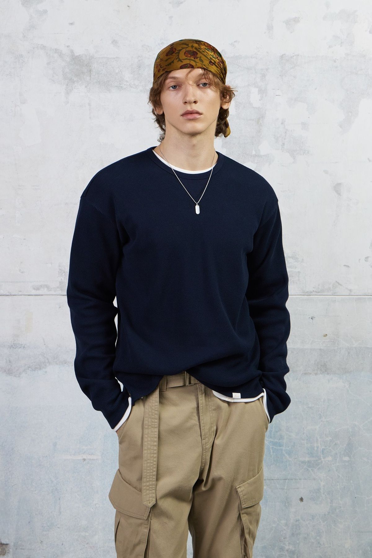 쿠메(KUMÉ) Men Waffle Jersey Long Sleeves T-shirt, Navy