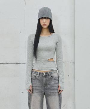 Slit Long Sleeve   Knit Top / Grey