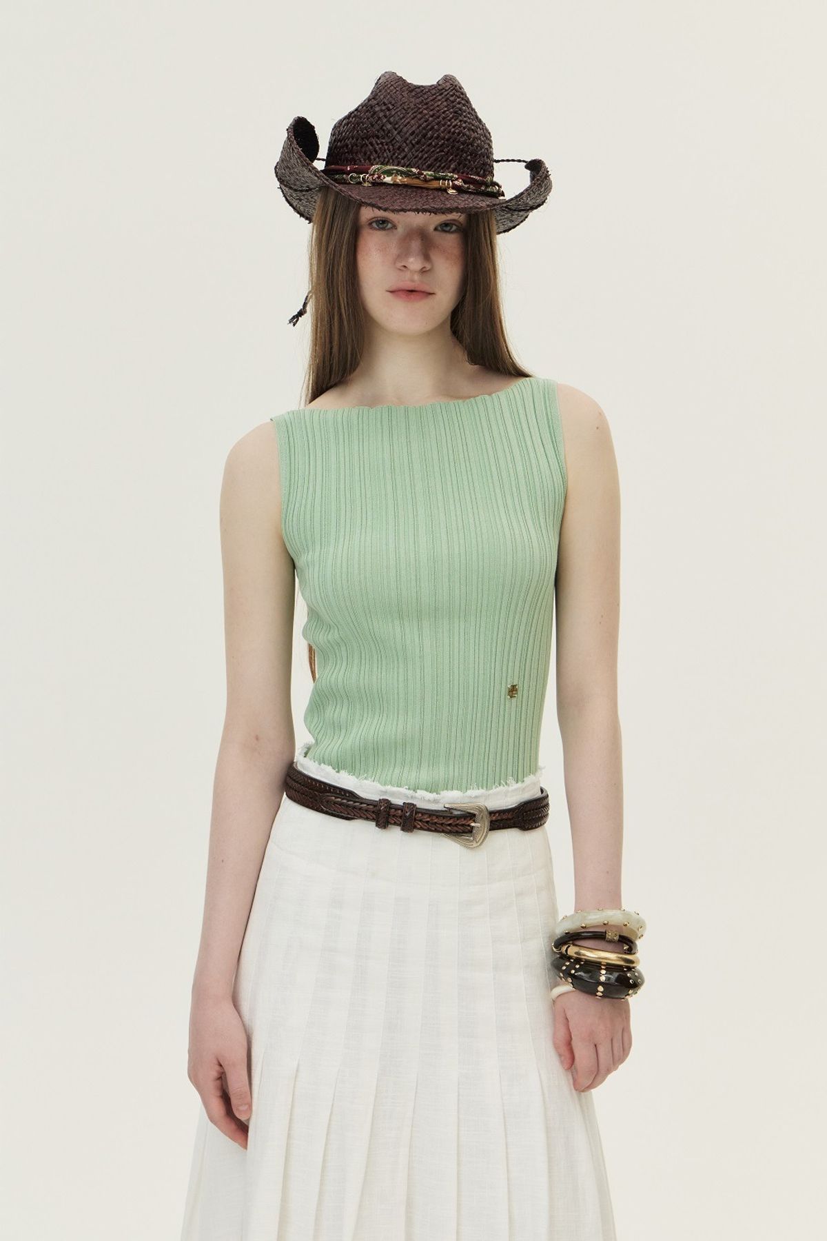 쿠메(KUMÉ) Ribbed Pleated Sleeveless Sweater, Mint