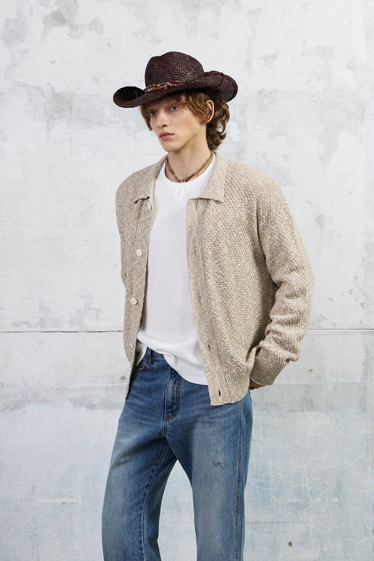 쿠메(KUMÉ) Men Slub Melange Knitted Cardigan, Beige