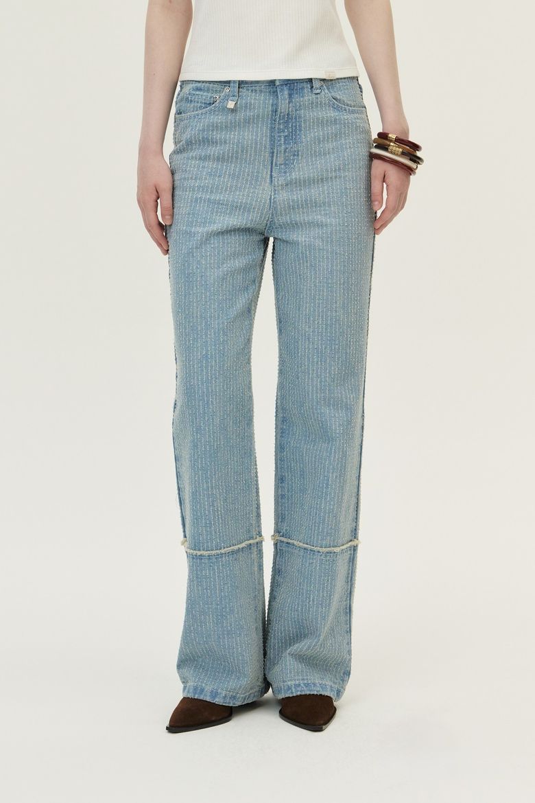 Punched Semi-wide Denim Pants, Light Blue