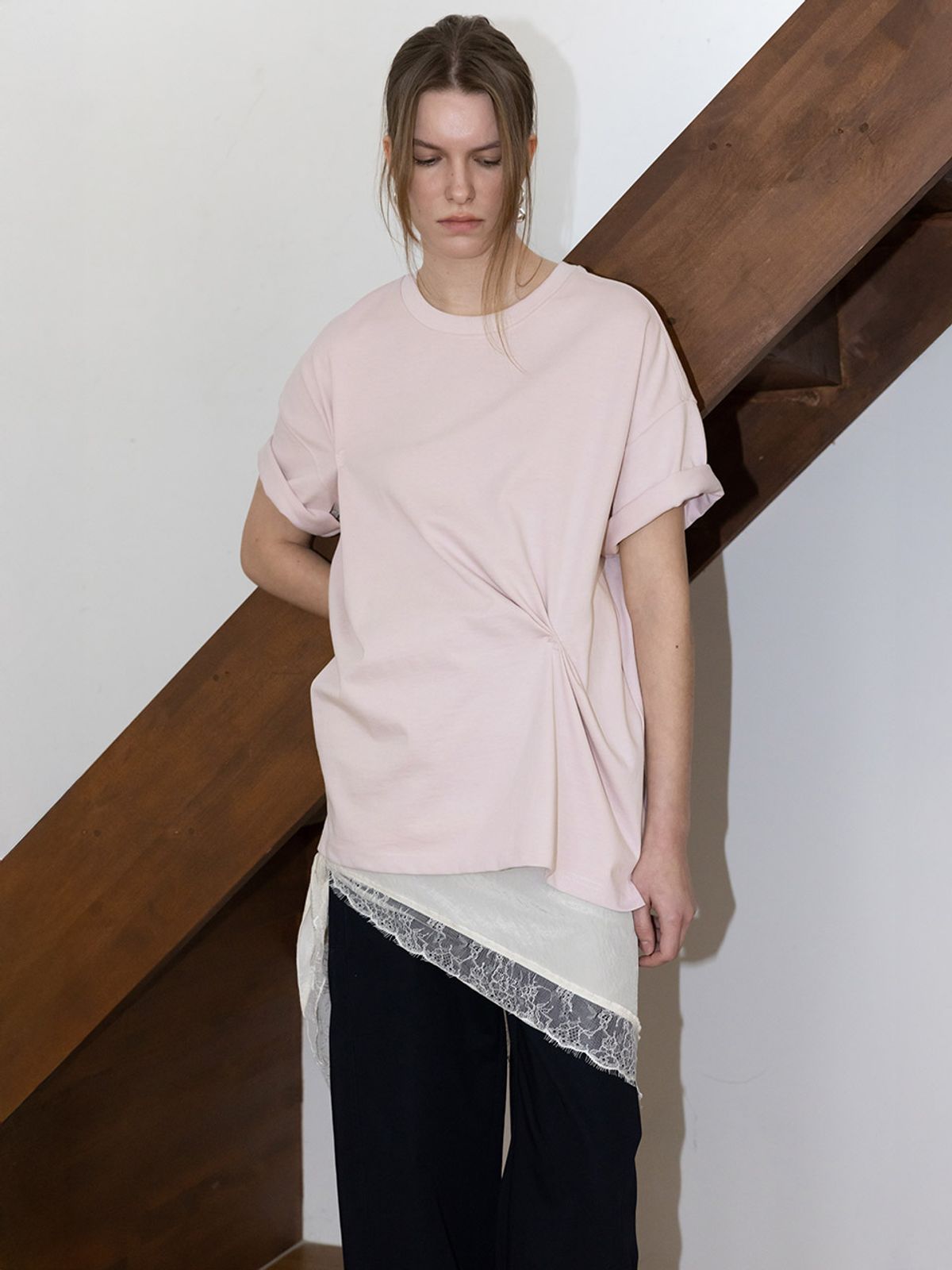 루에브르(LOEUVRE) Irregular Tucked Half-Sleeve T-shirt SW6SE606-71