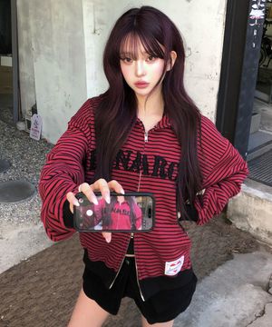 [0116] 로고 아플리케 스트라이프 집업 후디 - 레드