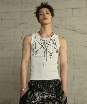 [0101] 체인 목걸이 프린트 슬리브리스 - 아이보리