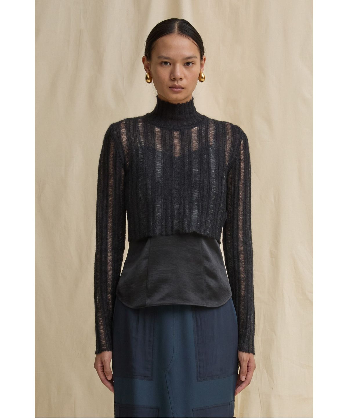 래코드(RECODE) Layered Sheer Knit Top R0WAX25231BKX