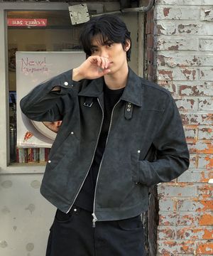 버클 스웨이드 레더 카라 자켓_BLACK