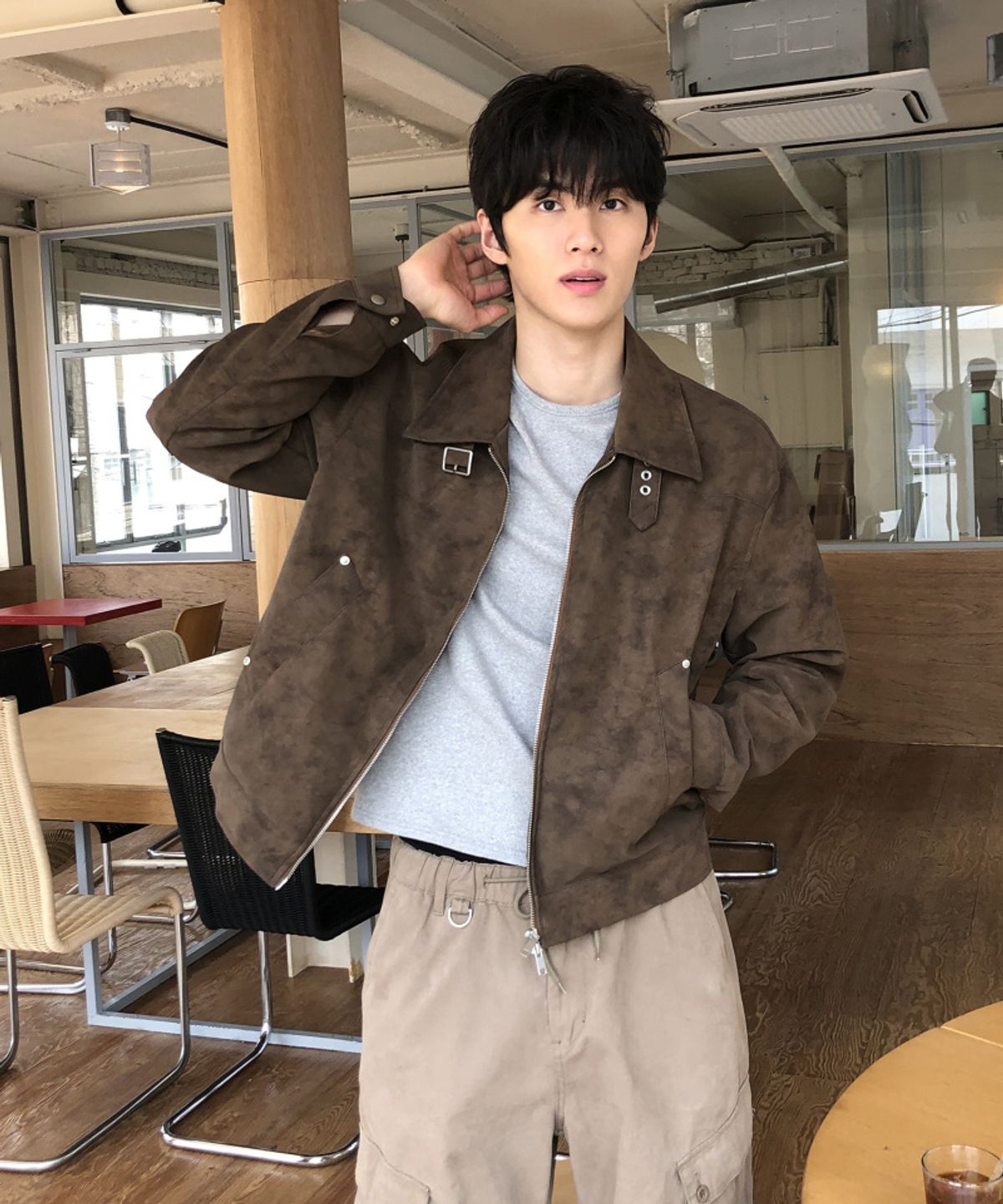 데이(THEY) 버클 스웨이드 레더 카라 자켓_BROWN