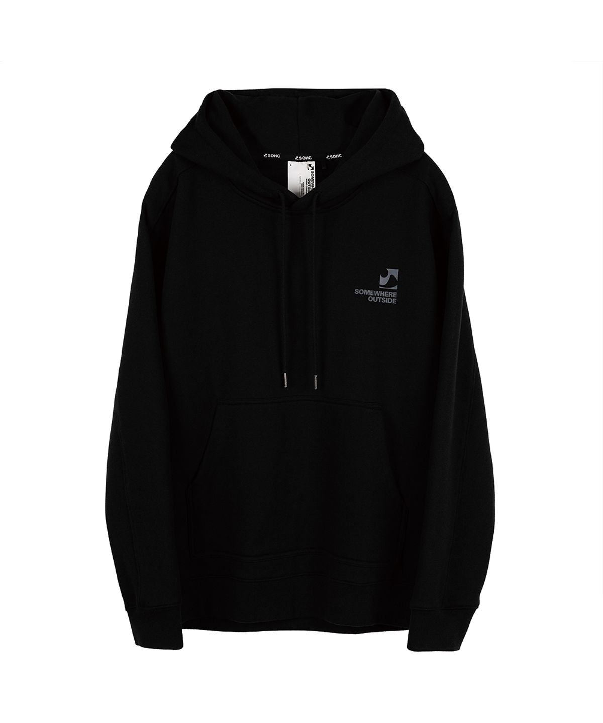 썸웨어 아웃사이드 하이킹 컴퍼니(SOMEWHERE OUTSIDE HIKING COMPANY) 백 로고 후드 탑_BLACK