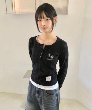 소픈 골지 니트 버튼 긴팔 티