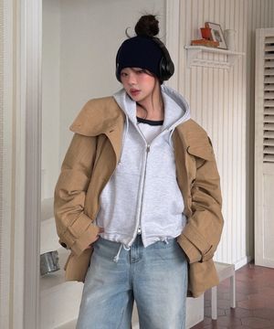 Everyday Cropped Drawstring Hoodie Zip-Up_CTO154(White Melange)