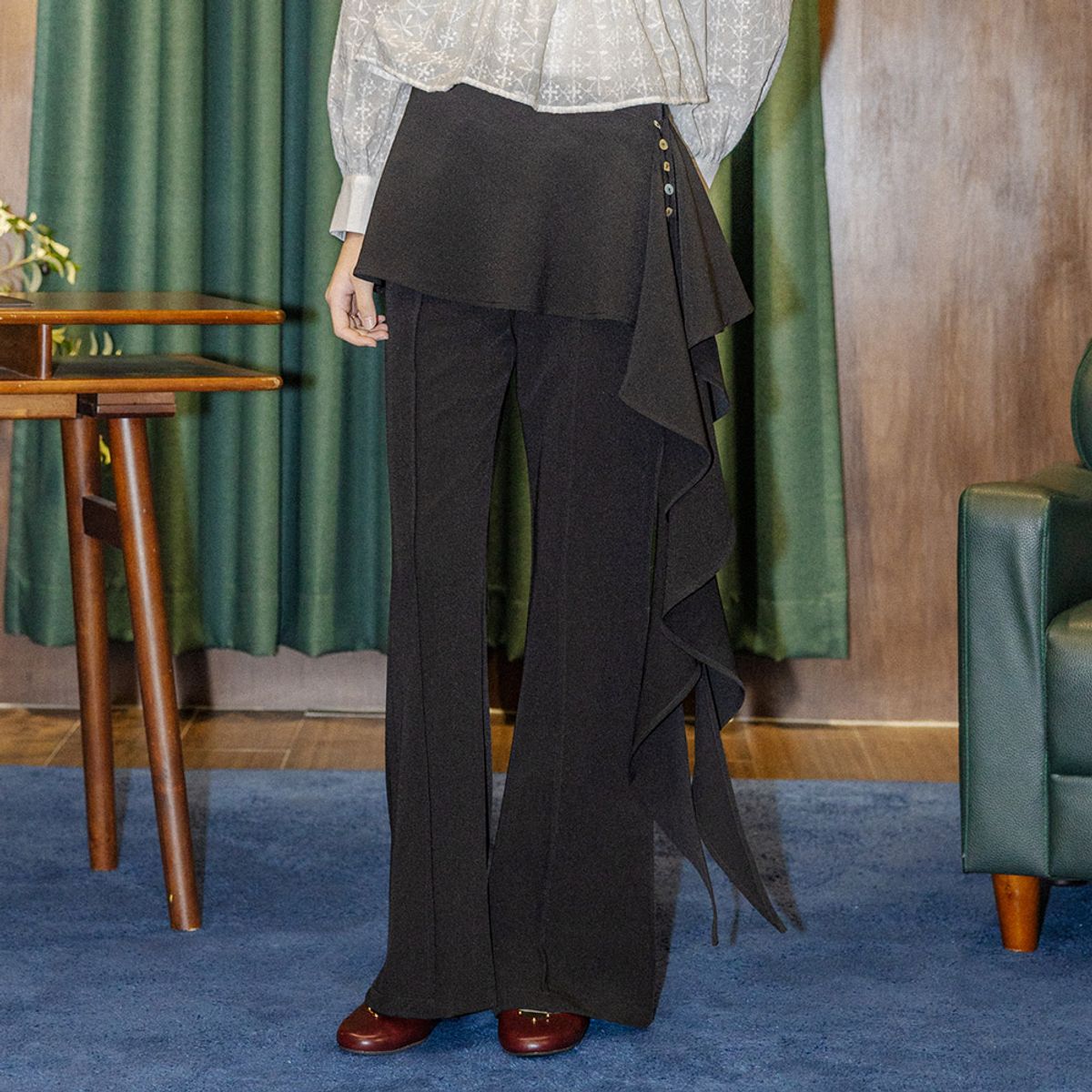 던드롭(DUNDROP) DD_Ruffle overlay pants_BLACK