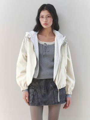 후드 배색 집업 점퍼  (LIGHT BEIGE)
