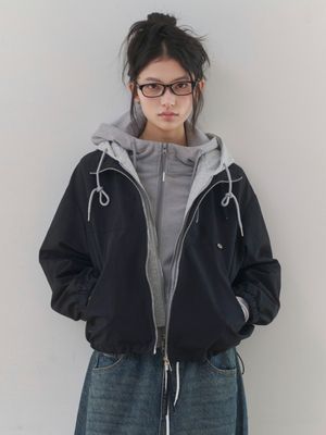 [주문폭주/일체형]후드 배색 집업 점퍼 (BLACK)