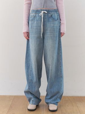 [와이드핏/밴딩허리]  밴딩허리 데님  와이드 팬츠 (LIGHT INDIGO)