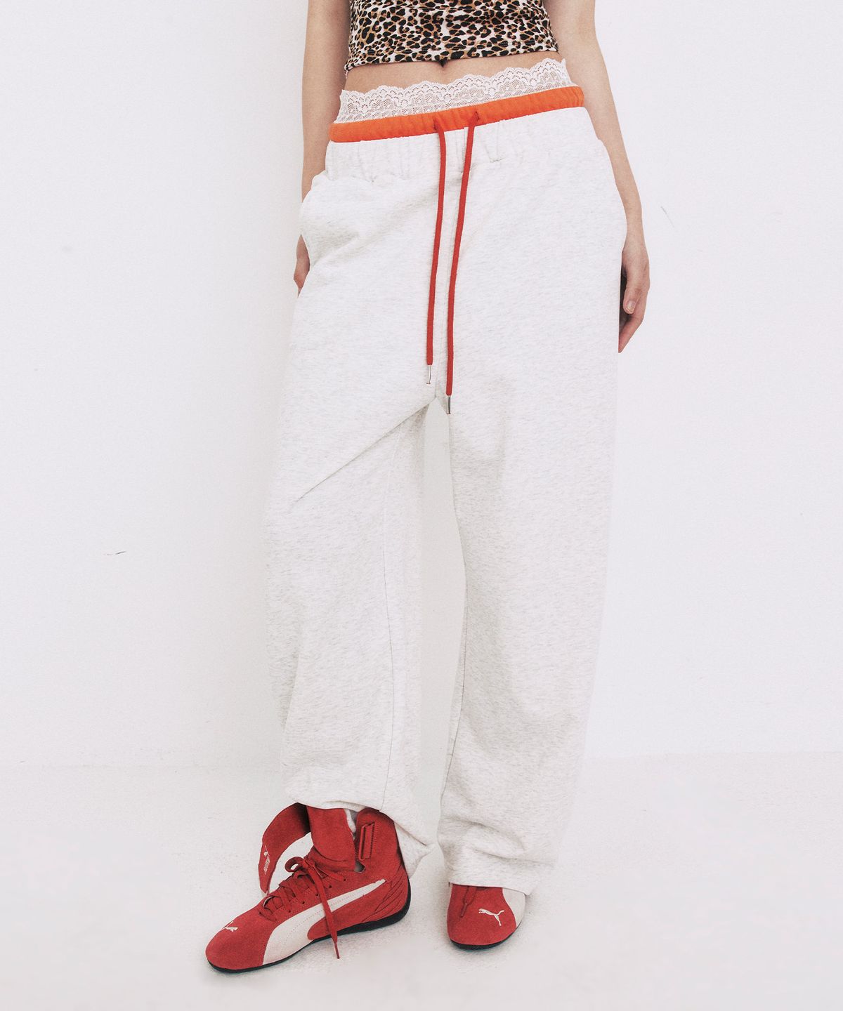 유희(YOUHEE) LACE LAYERED JERSEY PANTS_MELANGE GREY