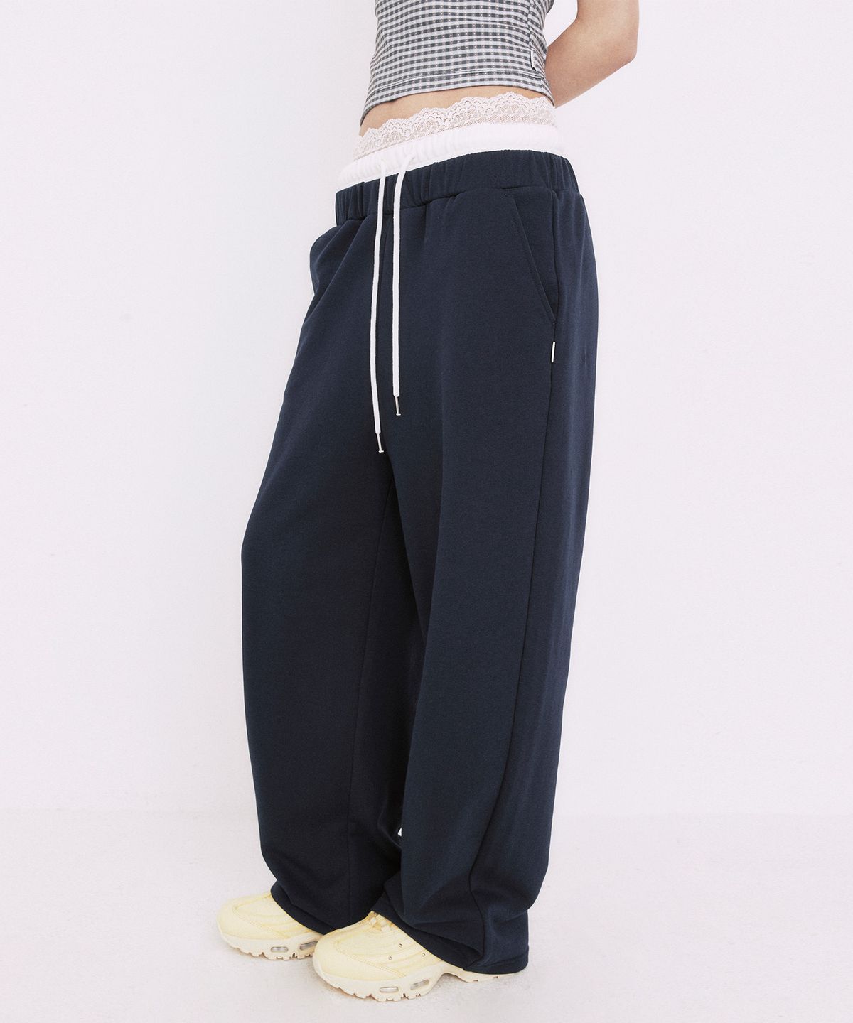 유희(YOUHEE) LACE LAYERED JERSEY PANTS_NAVY