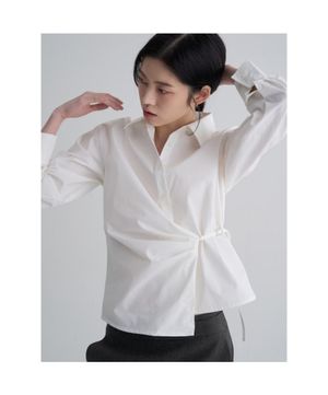 허리 셔링 벨티드 코튼 셔츠  화이트