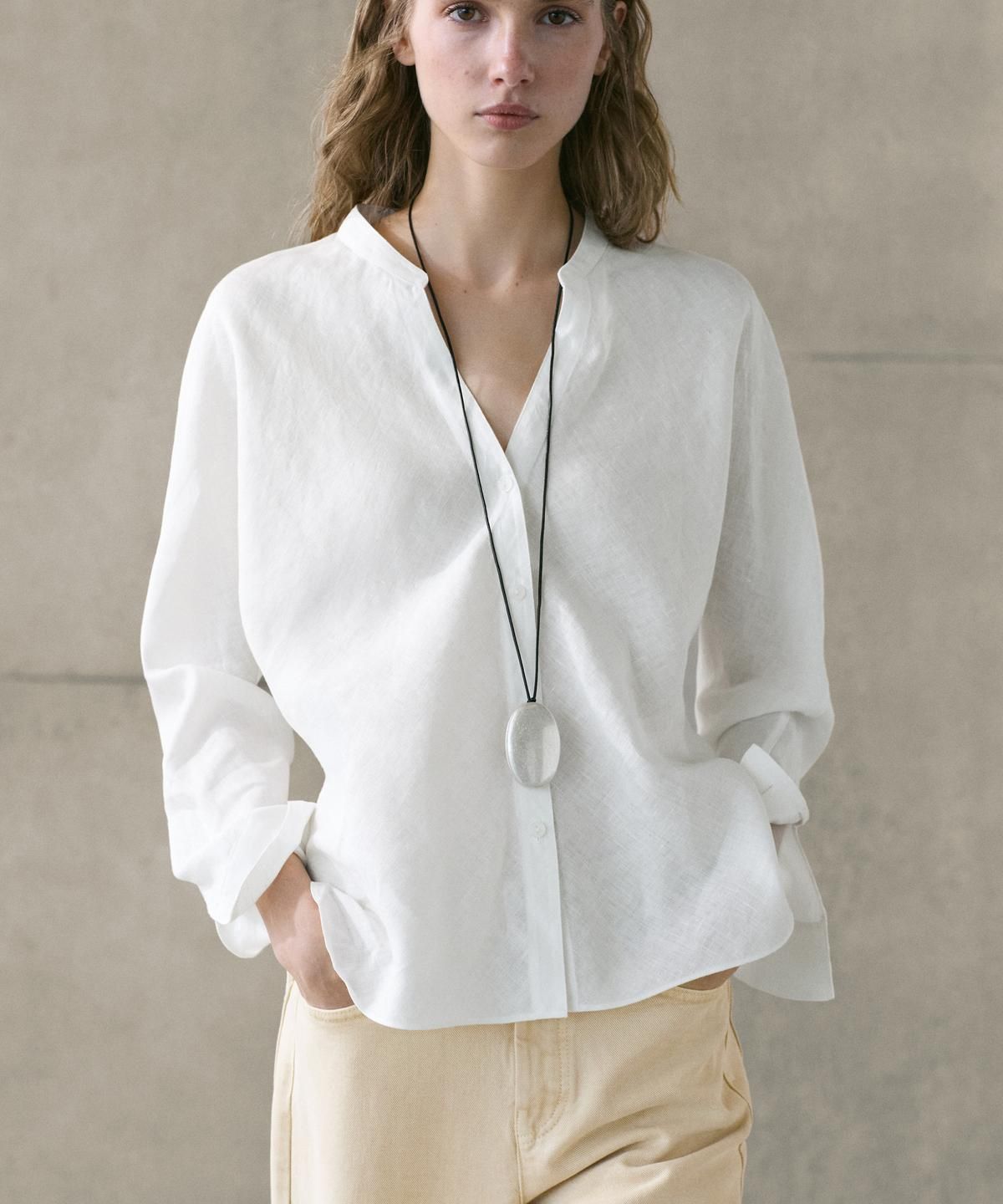 마시모두띠(MASSIMO DUTTI) 100% 린넨 스탠드 칼라 셔츠