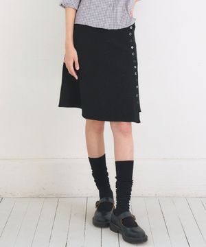 Asymmetric Ribbed Button Skirt, Black