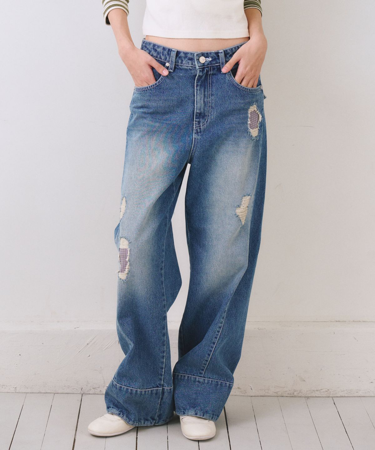 오피쉬(OAFISH) Check Patch Seam Denim Pants, Blue