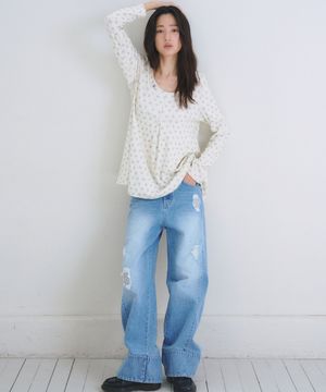 Check Patch Seam Denim Pants, Light Blue