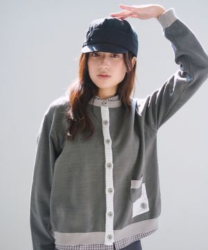 Plain Stripe Patch Cardigan, Charcoal