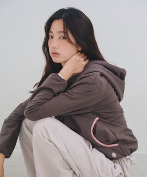 Shirring Pocket Hoodie Zip-Up, Brown