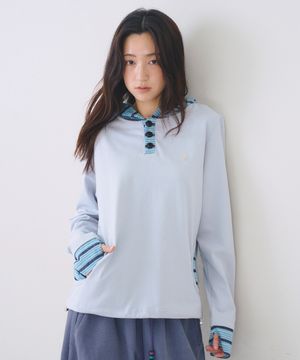 Stripe Cuff Henley Hoodie, Blue