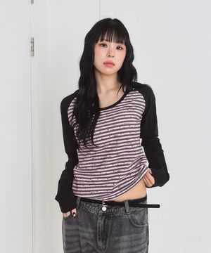 ESCF 블랙핑크 풀프린트 U넥 롱슬리브 핑크