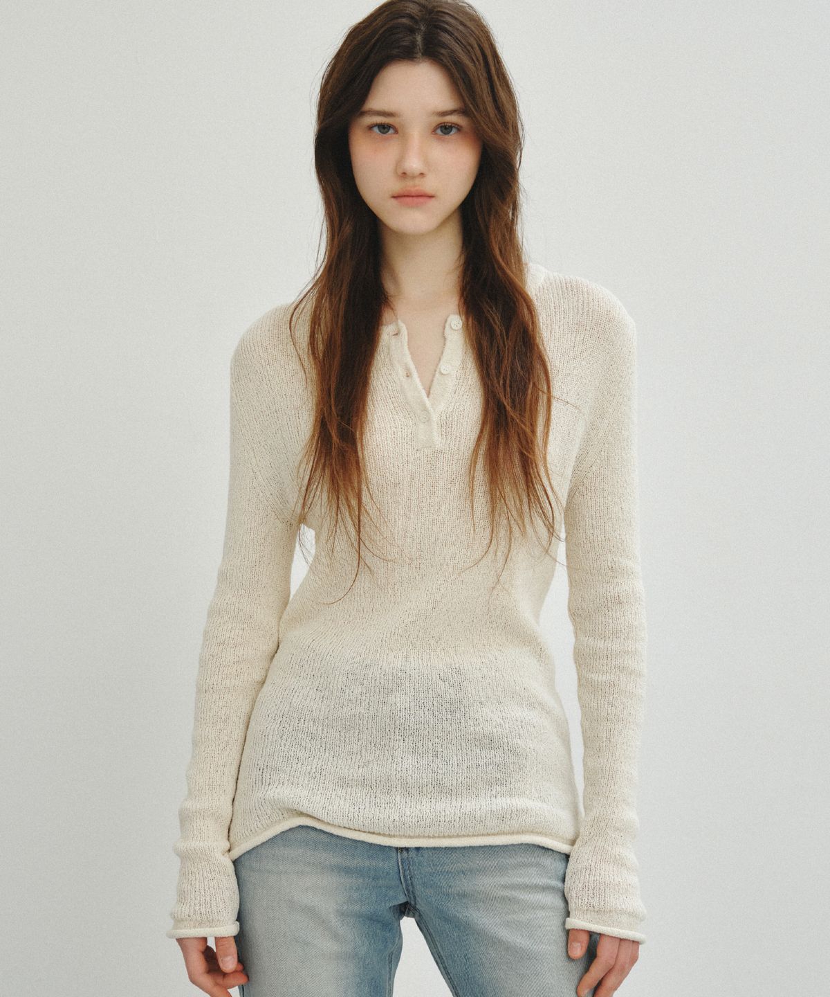 씨타(CITTA) Light Sheer Henley Neck Knit_CTK259(Cream)