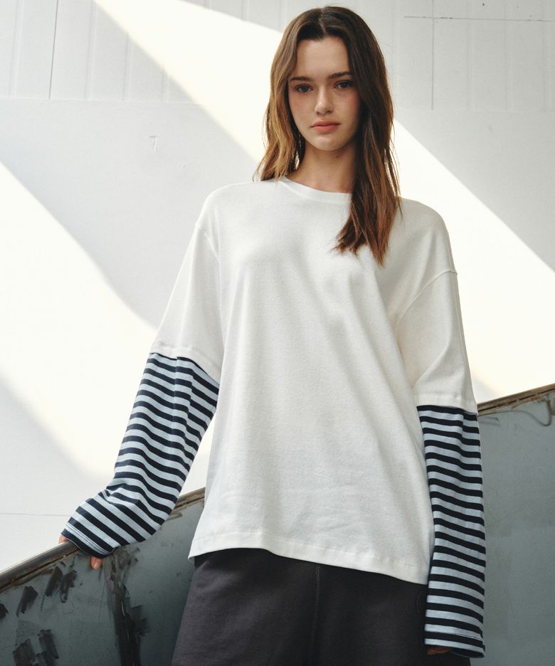 Layered Edge Stripe Overfit Long Sleeve_CTT3007(White)