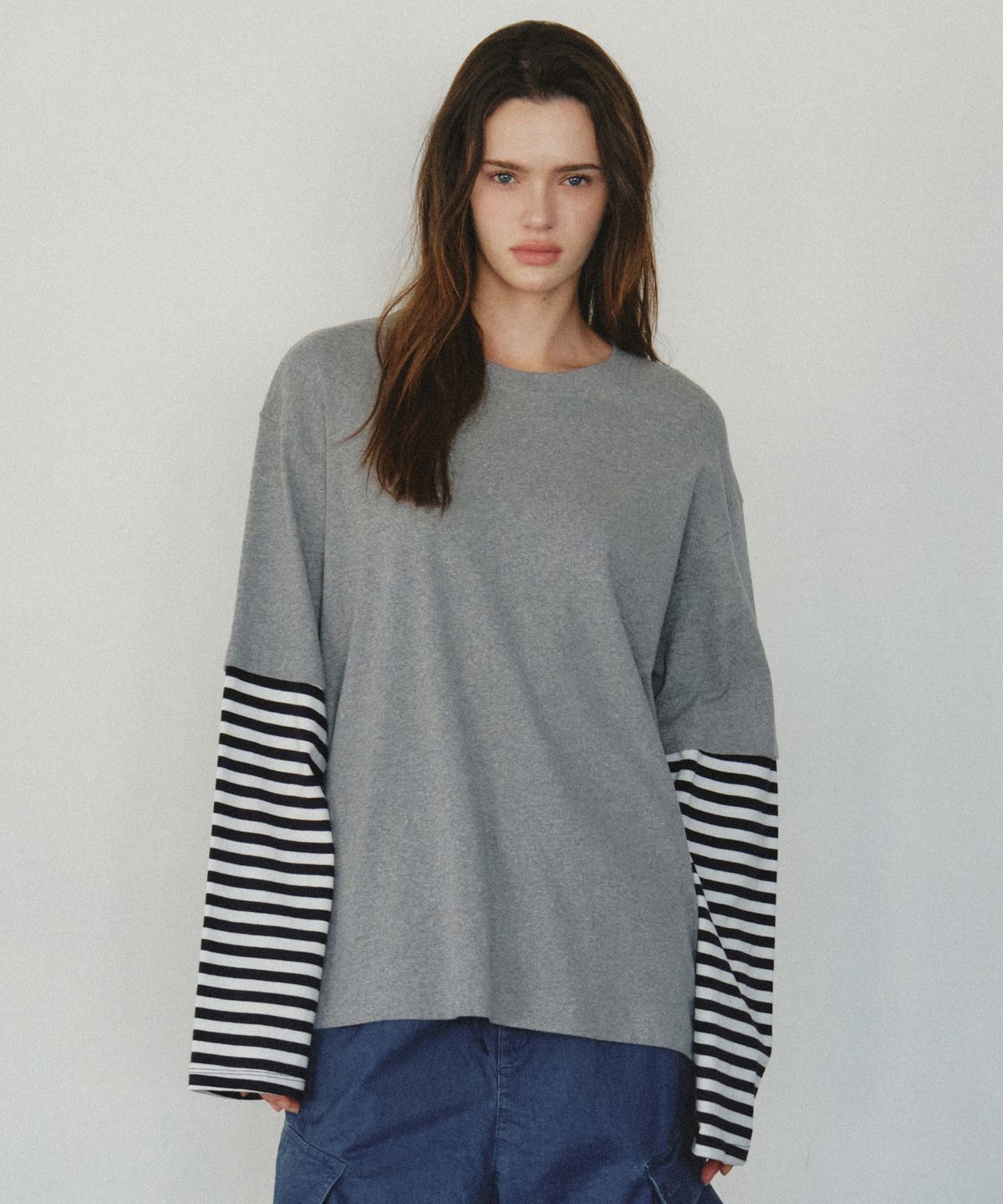씨타(CITTA) Layered Edge Stripe Overfit Long Sleeve_CTT3007(Grey)