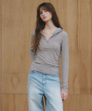 Wool Blend Soft Stripe Quarter-Zip Hoodie Tee_CTT3008(Grey)