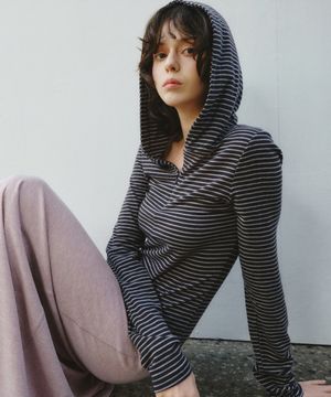 Wool Blend Soft Stripe Quarter-Zip Hoodie Tee_CTT3008(Charcoal)