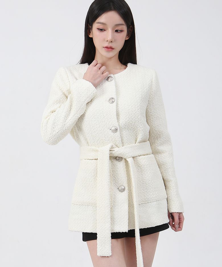 클래식 트위드 울 벨트 자켓